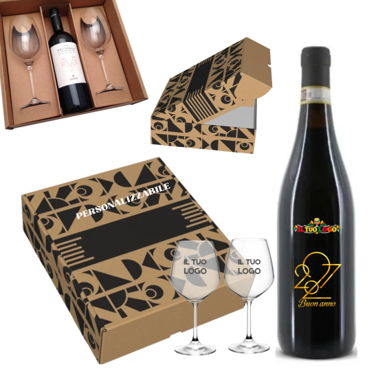 Confezione con 2 calici e 1 Bottiglia di vino personalizzata